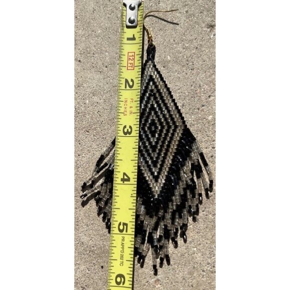 Vintage Long Black Clear Seed Bead Cluster Dangle Pierced Earrings Western 6” - Picture 6 of 13